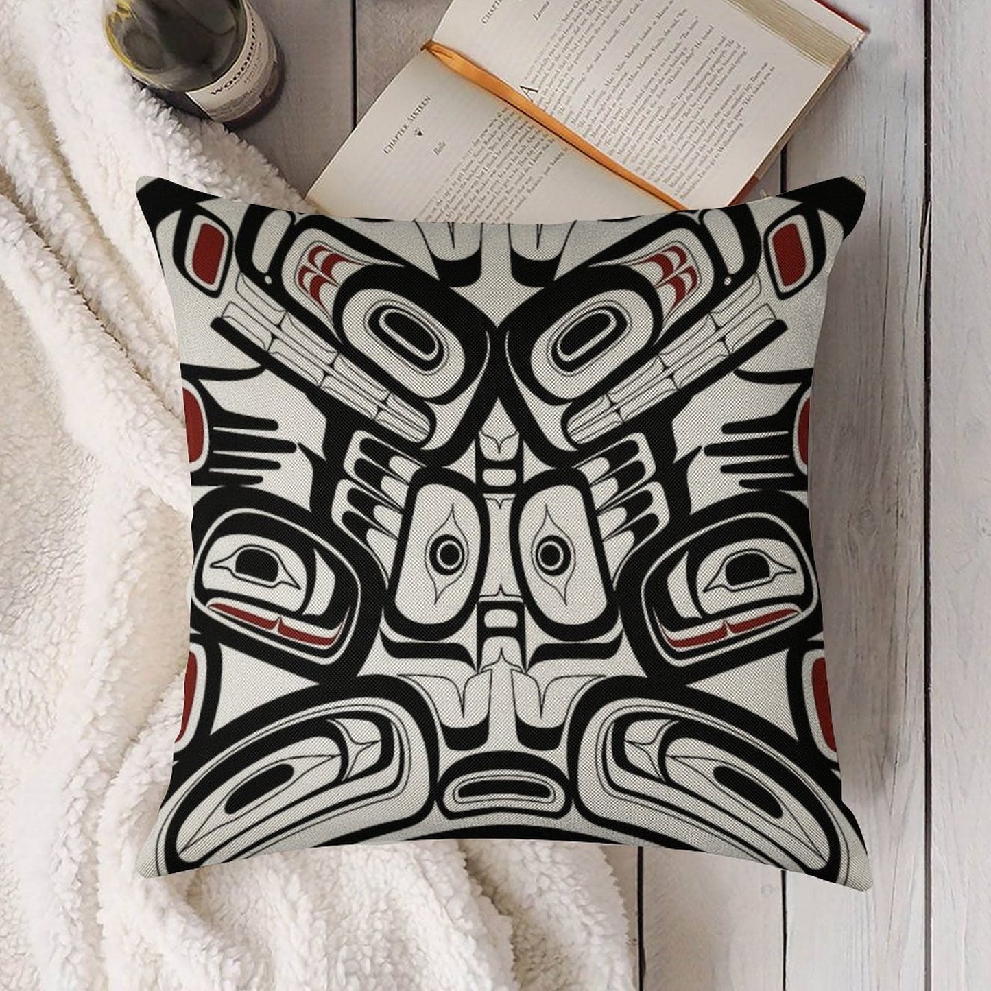 Pacific Northwest Orca Raven Bear Totem Formline Hiada Salish Style First Nations Native American Linen Throw Pillow Cover