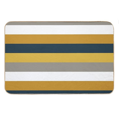 Broad Stripes Pattern in Light And Dark Mustard Yellow, Grey, White, And Navy Blue Bath Mat