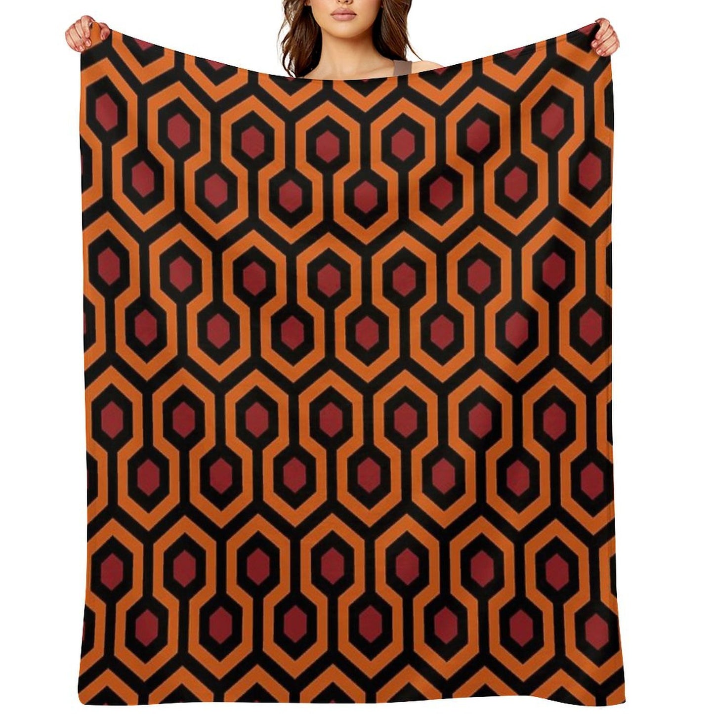 Geometric Pattern Looped Hexagons OrangeRedBlack Throw Blanket