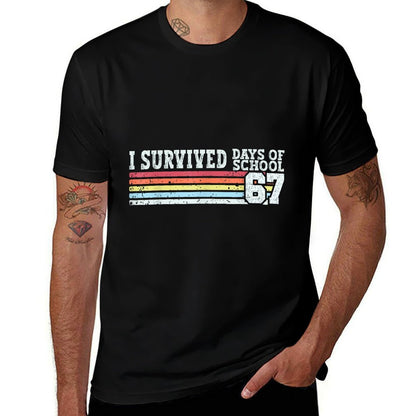 Funny Vintage I Survived 67 Days of School Teachers Students  Rolled Sleeves T-Shirt