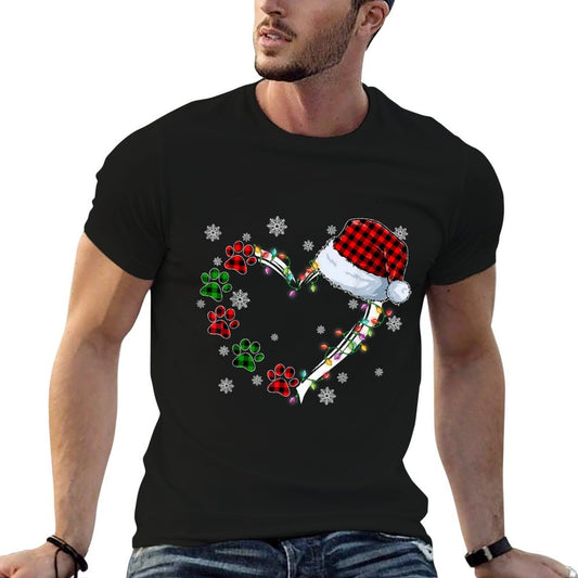 Funny Dog Cat Paws Print Heart Santa Hat Christmas Pajamas  Ribbed Collar T-Shirt