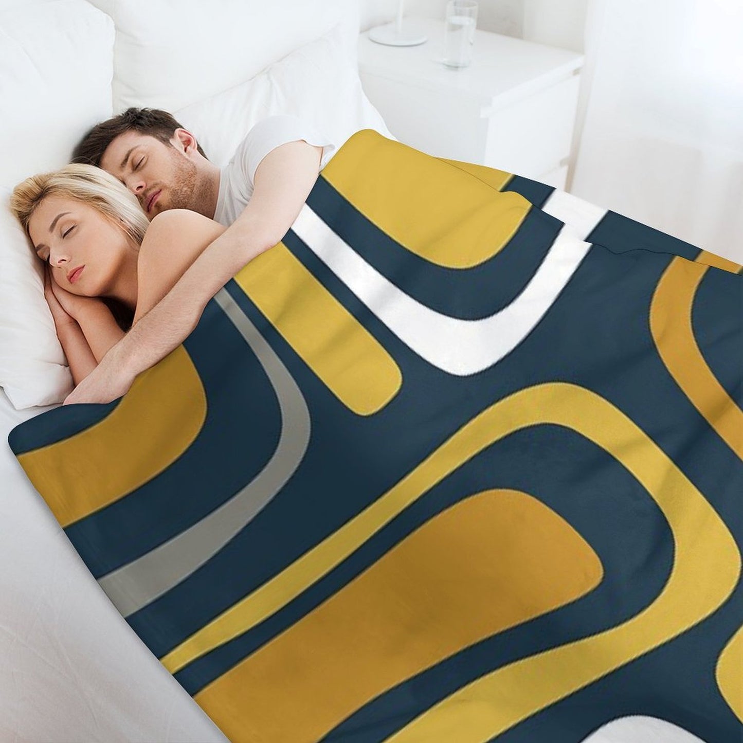 Palm Springs Mid-Century Modern Abstract Pattern in Light And Dark Mustard, Gray, And White on Navy Blue Throw Blanket