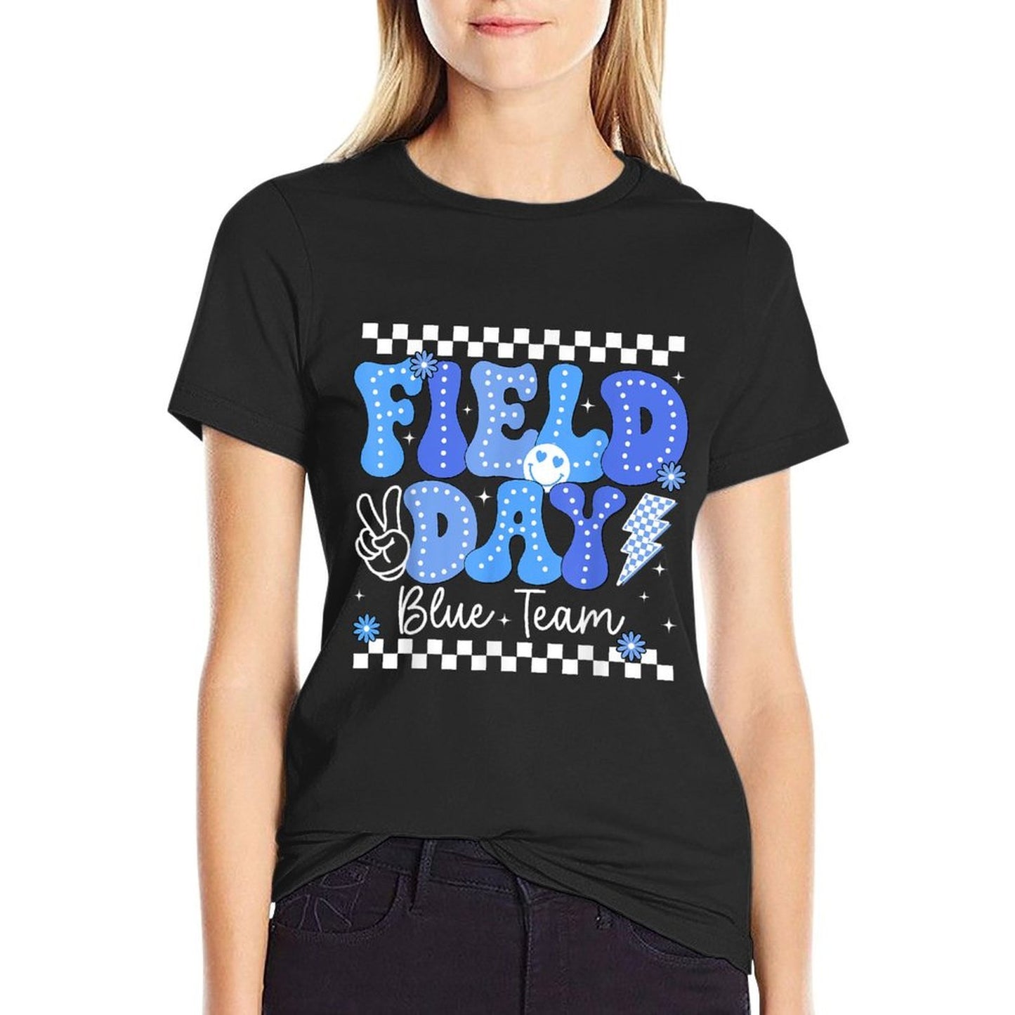 Field Day Trip Blue Team Color Game Competition Boys Girls  Ribbed Collar T-Shirt