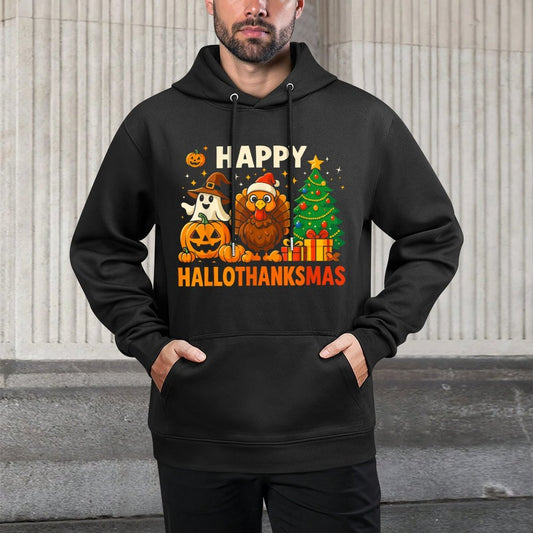 Happy Hallothanksmas, Halloween Thanksgiving Christmas Adjustable Hood Hoodie
