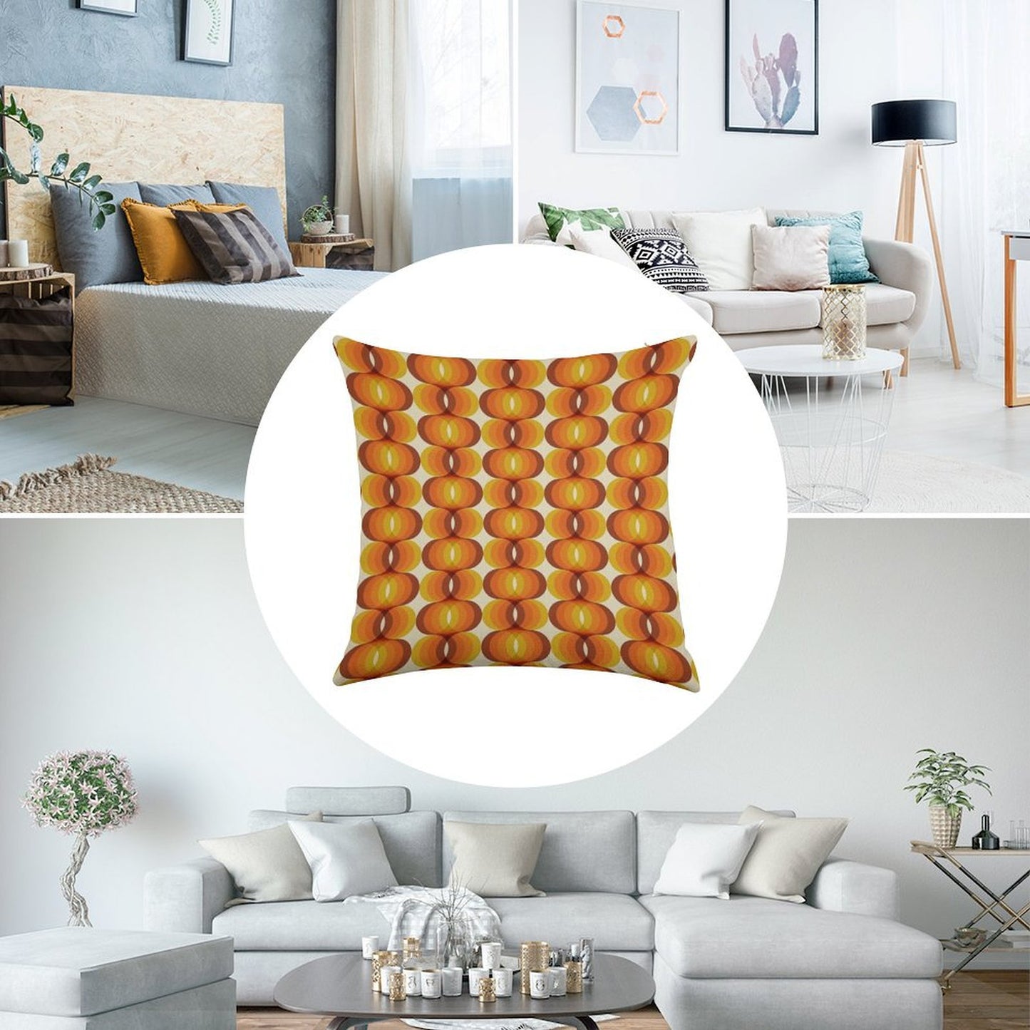 Orange, Brown, And Ivory Retro 1960s Wavy Pattern Linen Throw Pillow Cover