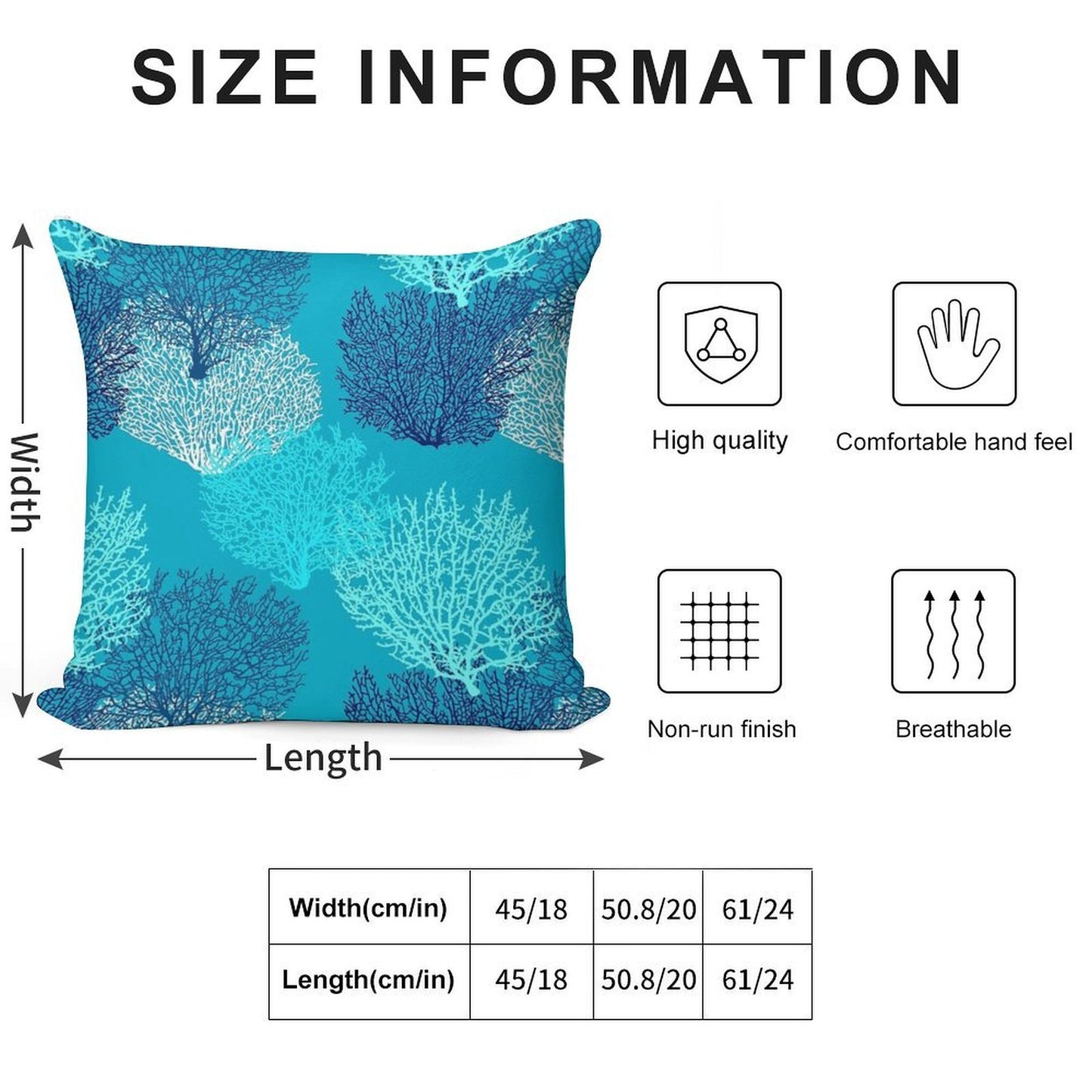 Fan Coral Print, Turquoise, Aqua And Cobalt Blue Soft Durable Construction Throw Pillow