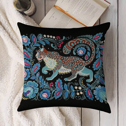 Snow Leopard Folk Art Linen Throw Pillow Cover