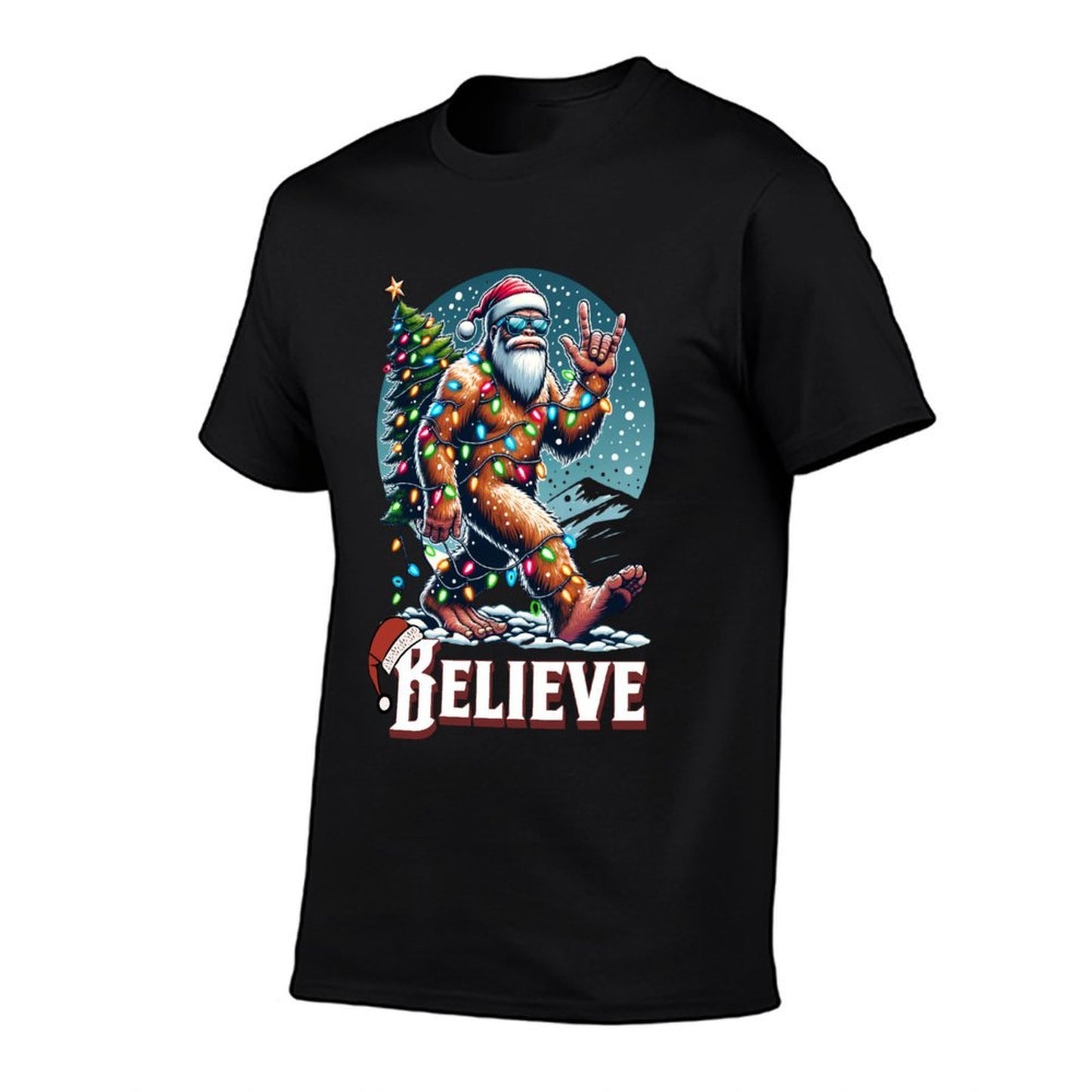 Santa Bigfoot Christmas Lights Funny Sasquatch Believe Xmas  Wrinkle-resistant T-Shirt