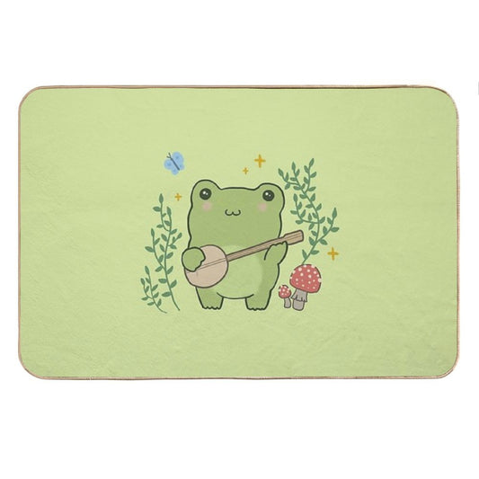 Kawaii Frog Playing Banjo Toad Cottagecore Aesthetic Mushroom And Blue Butterfly Bath Mat