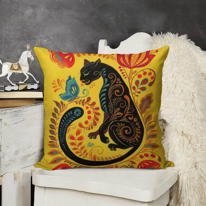 Panther & Butterfly Folk Art Linen Throw Pillow Cover
