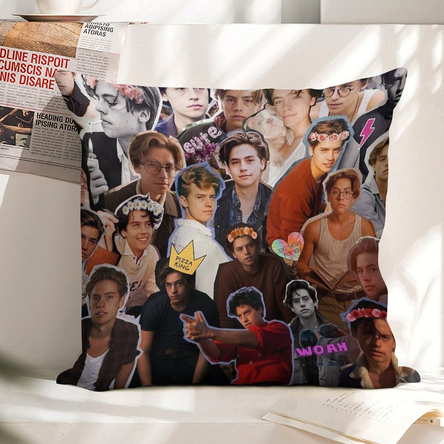 Cole Sprouse Collage Linen Throw Pillow Cover