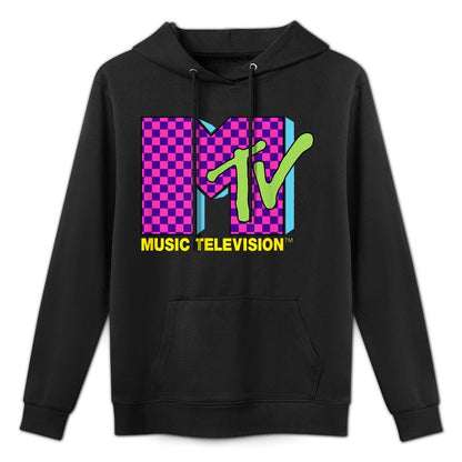 MTV Music Television Retro 80's Neon Pink Checkerboard Logo Pilling-Resistant Hoodie