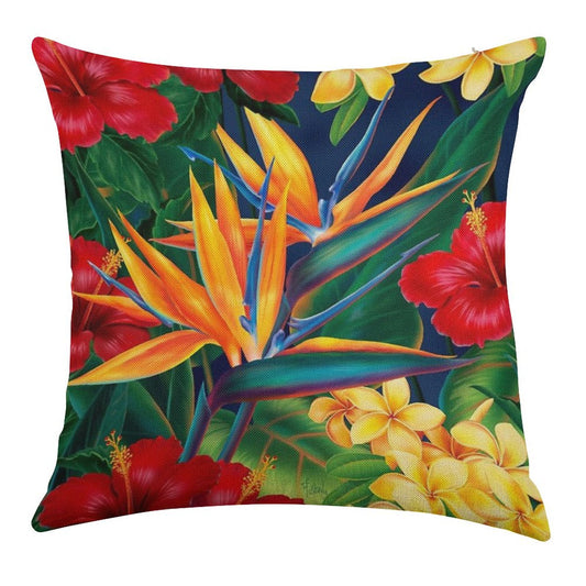 Tropical Paradise Hawaiian Birds of Paradise Illustration Linen Throw Pillow Cover