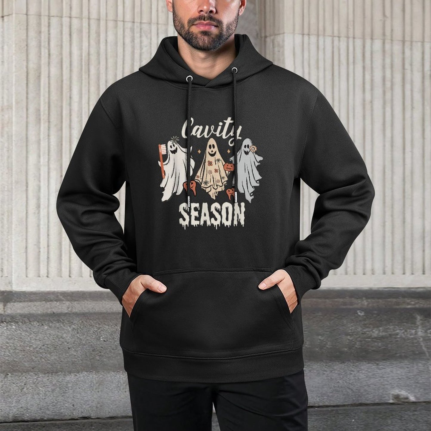 Cavity Season Halloween Funny Dental Ghosts And Toothbrush Kangaroo Pocket Hoodie