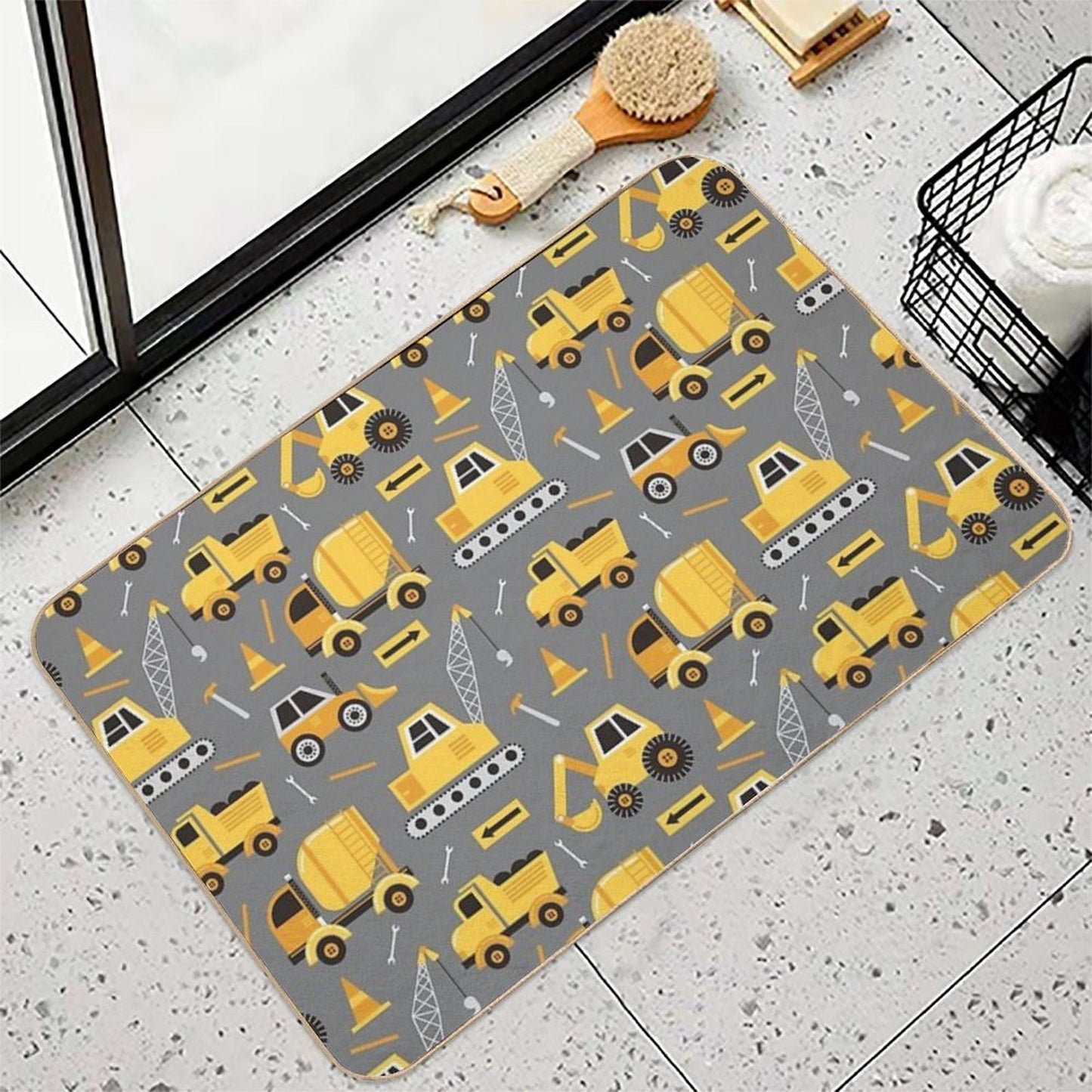 Construction Trucks on Gray  Easy Maintenance Bath Mat