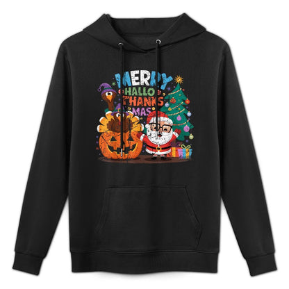 Merry Hallothanksmas Halloween Thanksgiving Christmas Mashup Adjustable Hood Hoodie