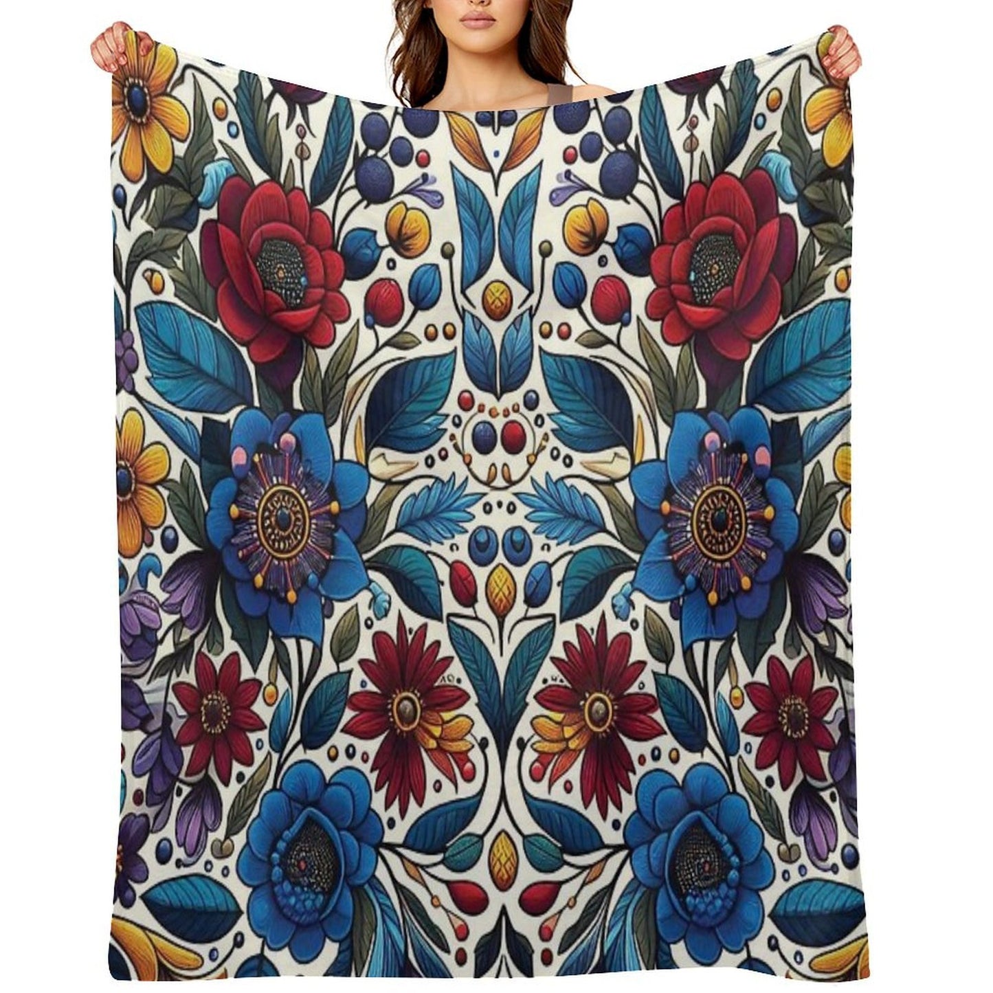 Deep Blue Ojibwe Bloom – Indigenous Floral Folk Art Throw Blanket