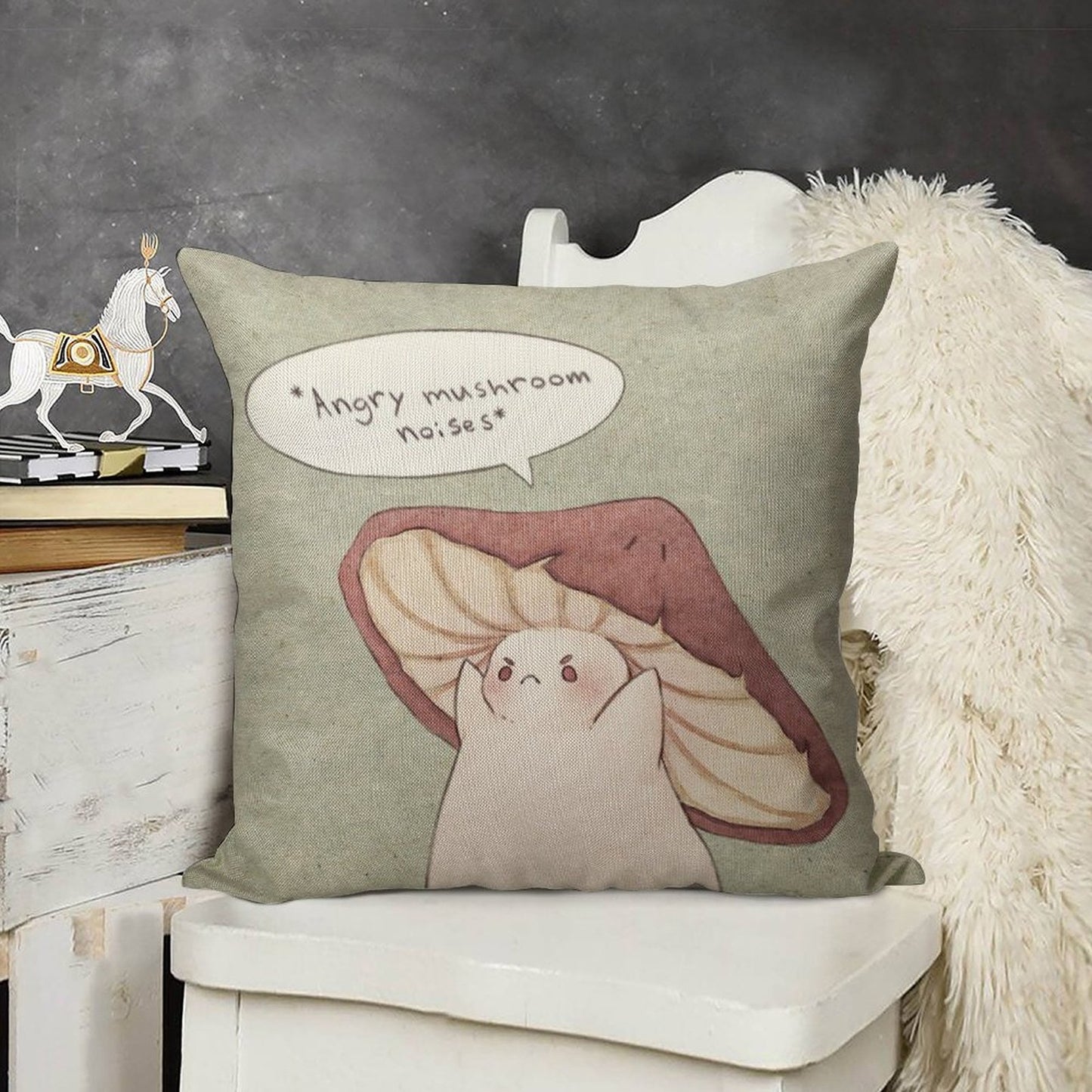 Grumpy Mushroom Linen Throw Pillow Cover