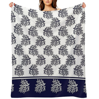 White And Navy Blue Corals Pattern Throw Blanket