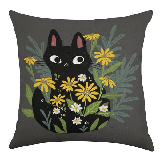 Black Cat with Flowers Linen Throw Pillow Cover
