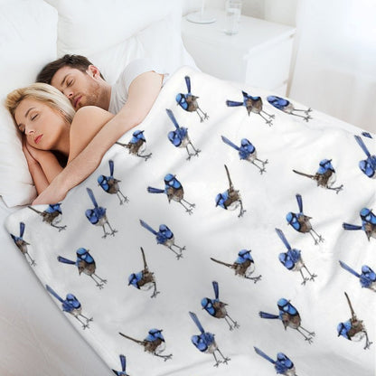 Blue Wrens, Scattered on White Throw Blanket