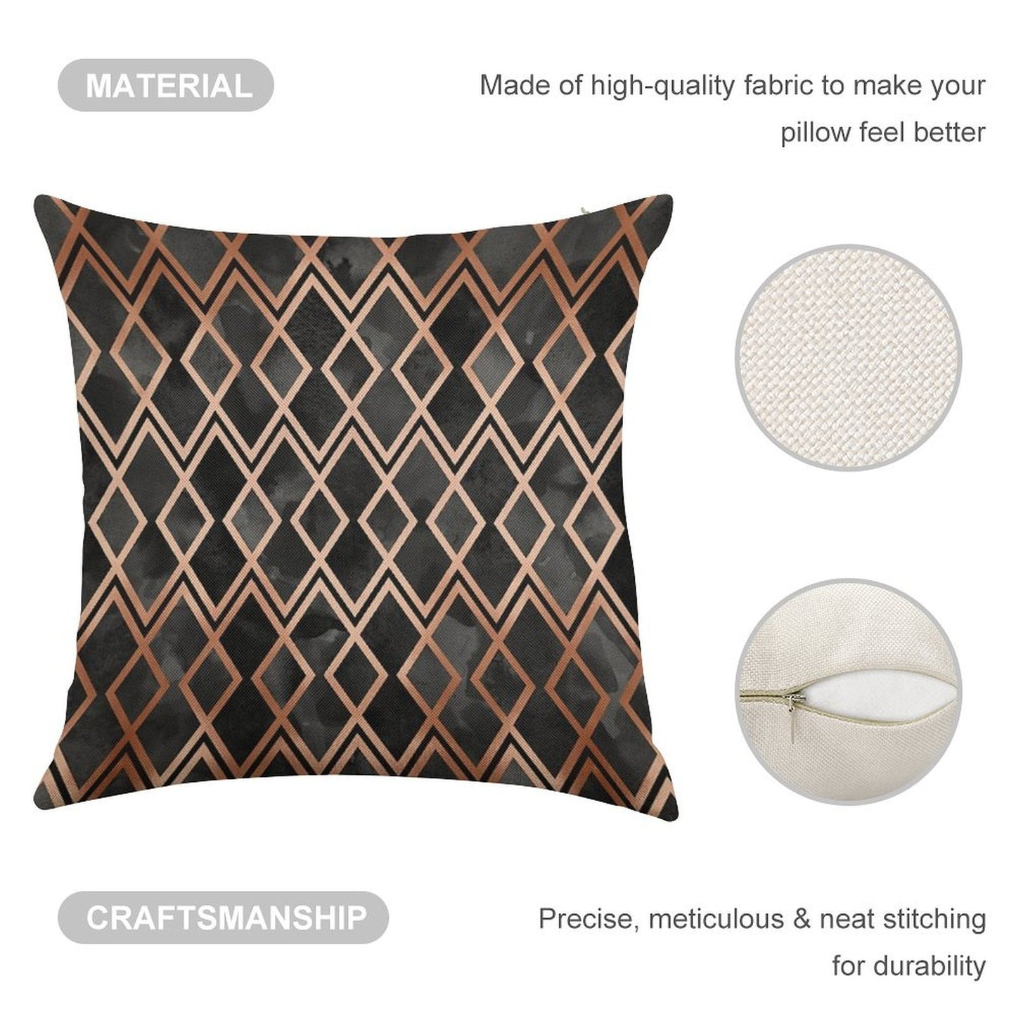 Copper And Black Geo Diamonds Linen Throw Pillow Cover