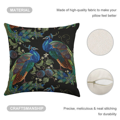 Embroidery Peacocks Linen Throw Pillow Cover