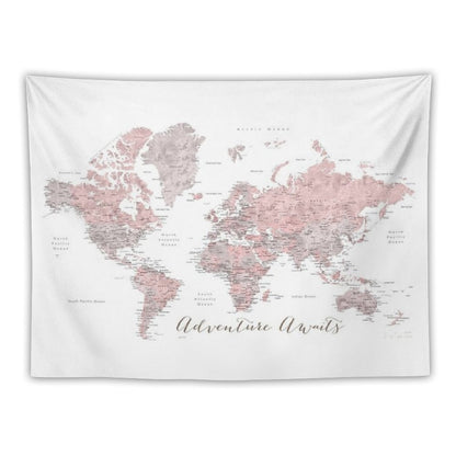 World Map Adventure Awaits in Dusty Pink And Grey Tapestry