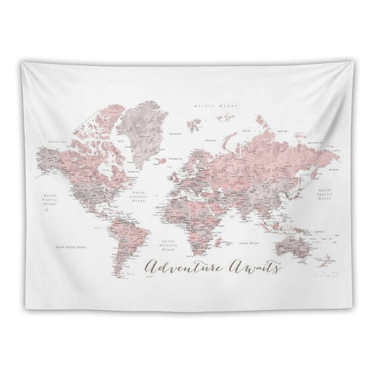 World Map Adventure Awaits in Dusty Pink And Grey Tapestry