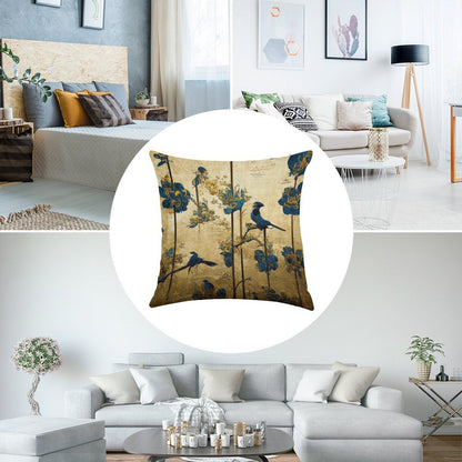 Blue And Gold Chinoiserie Painting with Birds And Flowers Linen Throw Pillow Cover