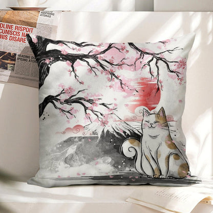 Sakura Cat Linen Throw Pillow Cover