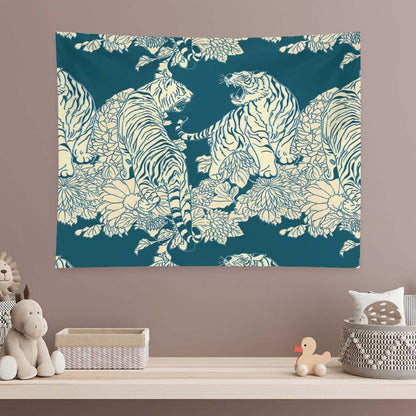 Teal And Cream Tigers And Flowers Tapestry
