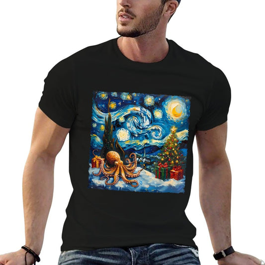 Christmas Octopus Starry Night Style Winter Artwork Holiday  Tagless Design T-Shirt