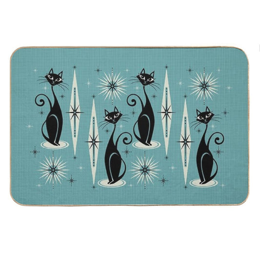 Mid Century Meow on Blue Bath Mat