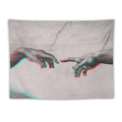 The Creation of Adam in GLITCH - Wall Tapestries Sistine Chapel Near-touching Hands of God And Adam Red Colorized Tapestry