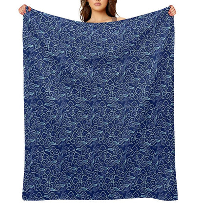 Vintage Japanese Clouds, Cobalt And Sky Blue Throw Blanket