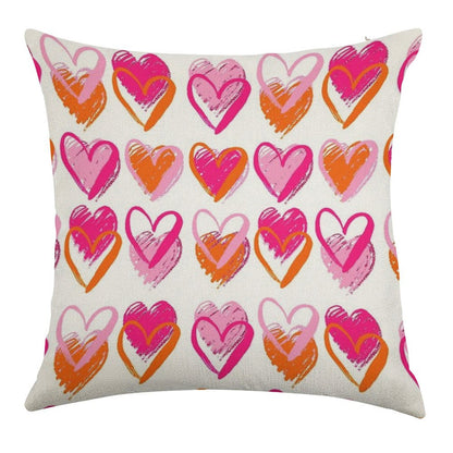 Pink And Orange Hearts Linen Throw Pillow Cover