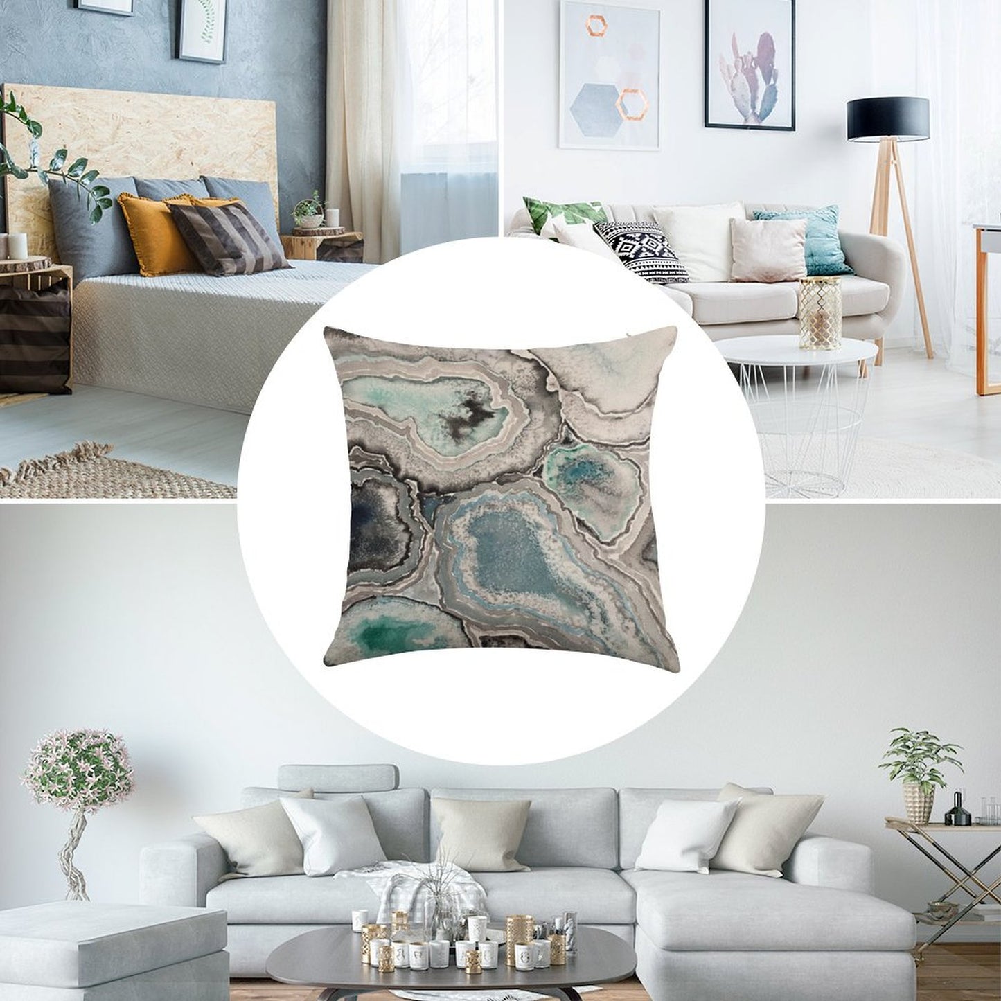 Ode To Geode - BlueTeal Linen Throw Pillow Cover