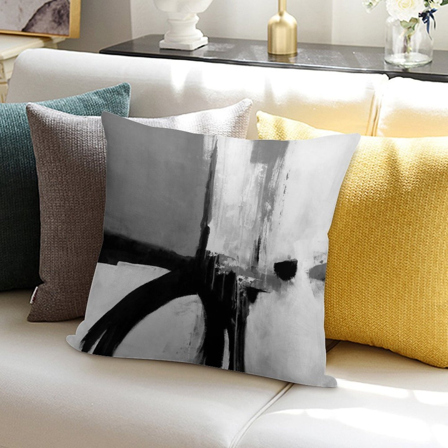 Black White Grey Abstract Soft Easy Maintenance Throw Pillow