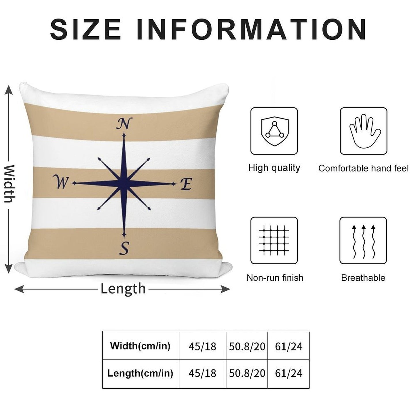 Nautical Navy Blue Compass On Tropical Tan And White Stripes Soft Durable Construction Throw Pillow