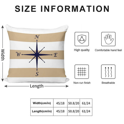 Nautical Navy Blue Compass On Tropical Tan And White Stripes Soft Durable Construction Throw Pillow