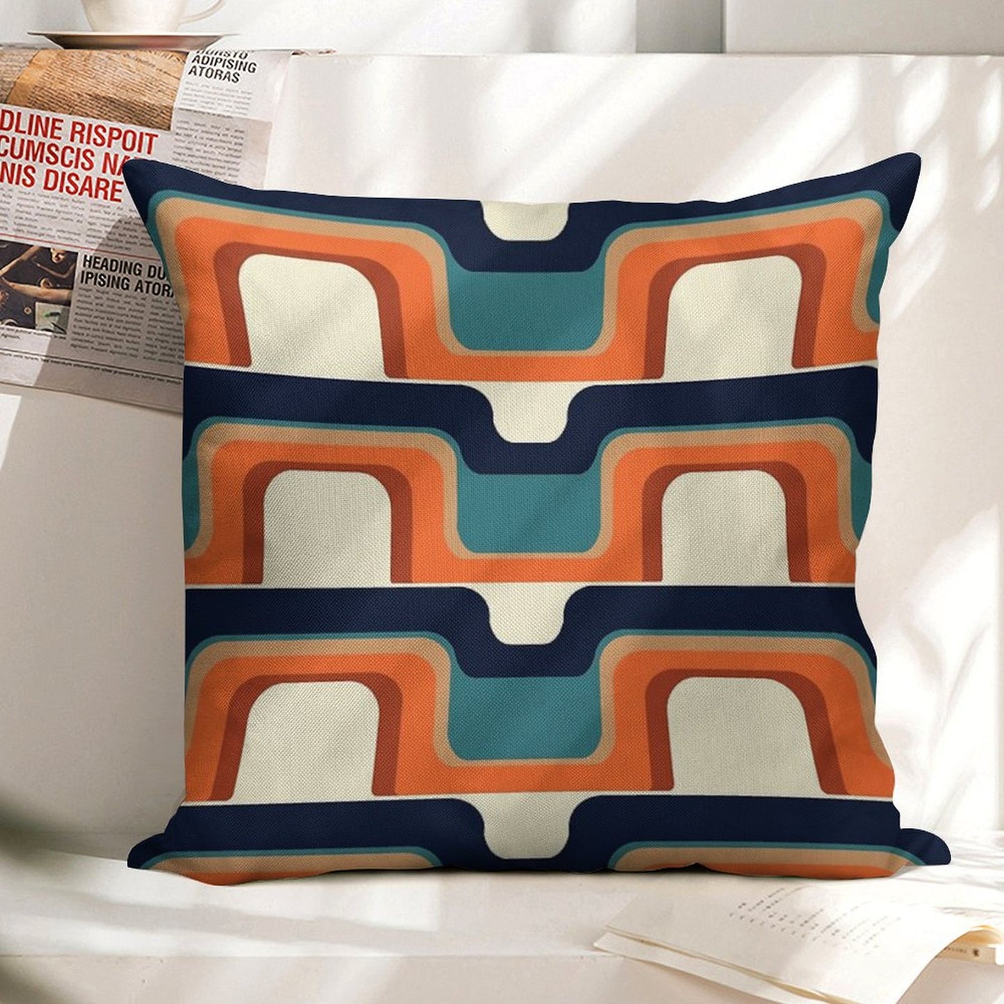Mid-Century Modern Meets 1970s Orange & Blue Linen Throw Pillow Cover