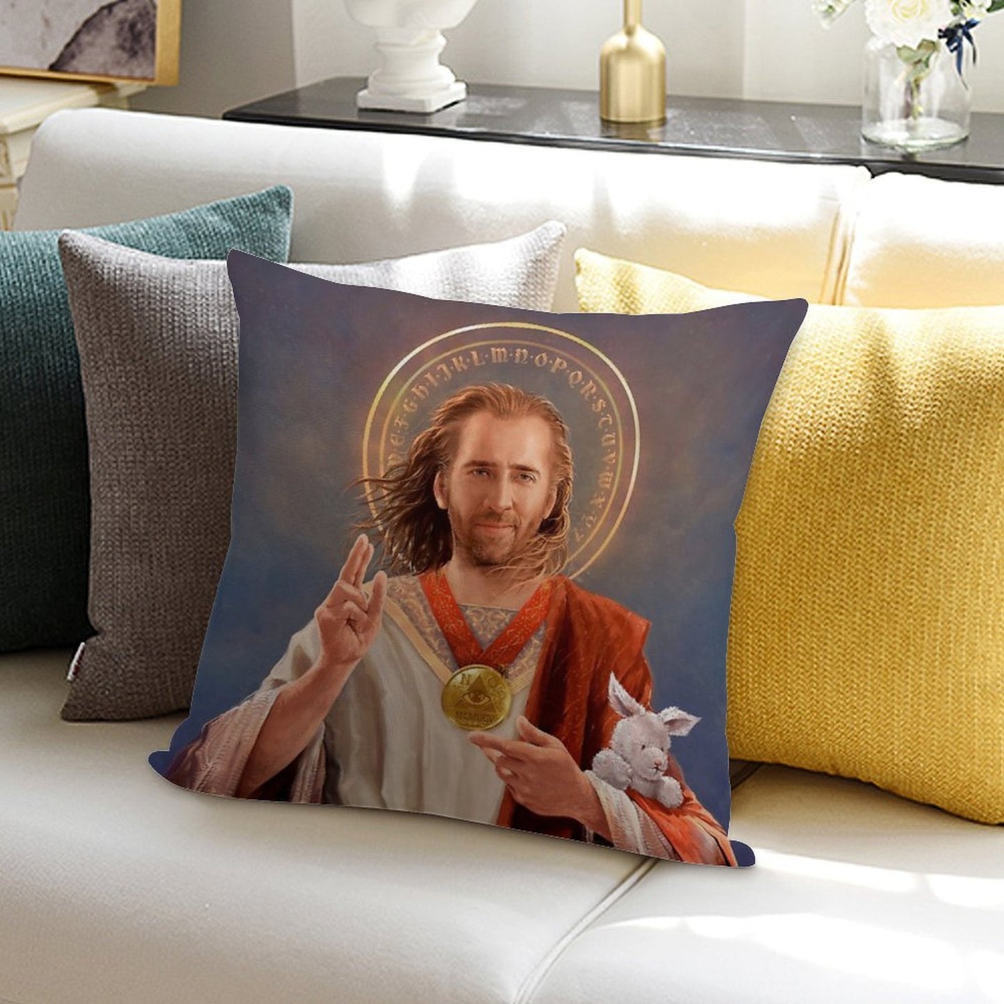 Nicolas Cage, Saint Nicolas of Cage, Nic Cage Original Religious Painting Soft Washable Throw Pillow