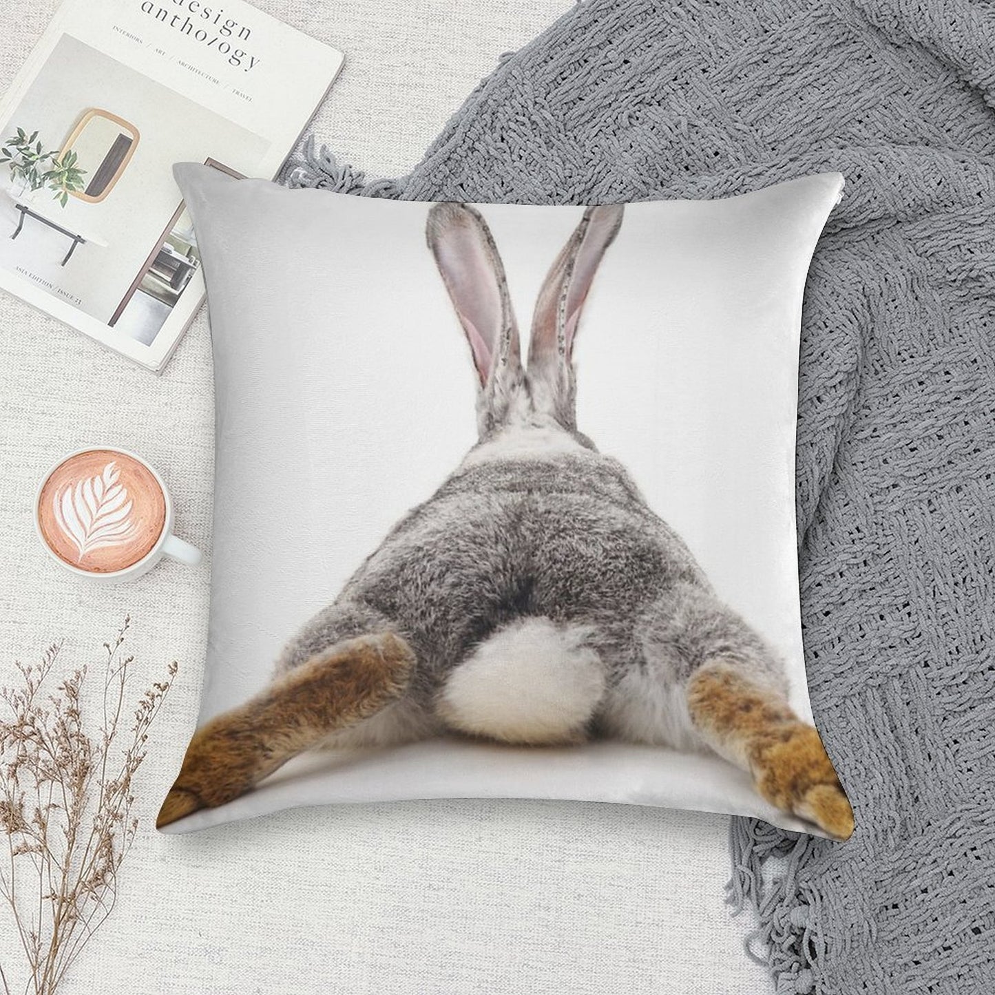 Just Relax Rabbit - View from Behind Soft Washable Throw Pillow