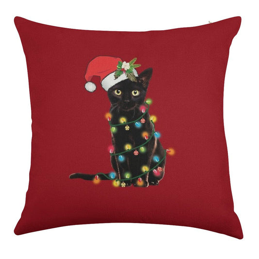 Santa Black Cat Tangled Up In Christmas Tree Lights Holiday Linen Throw Pillow Cover