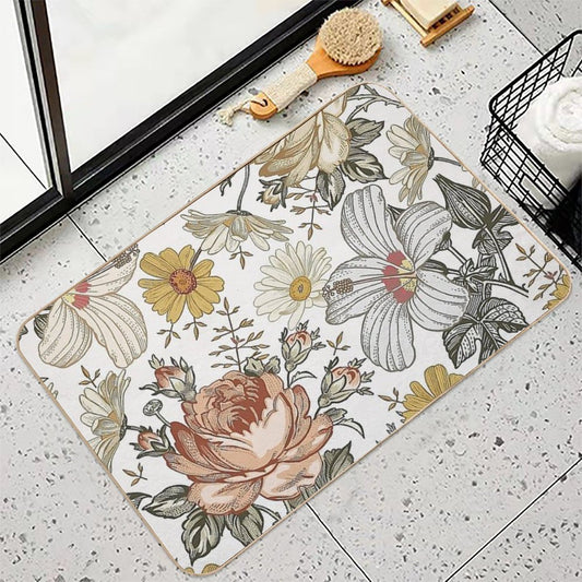 Blooming Beige Multicolor Peony Daisy Floreal Pattern  Absorbent Bath Mat
