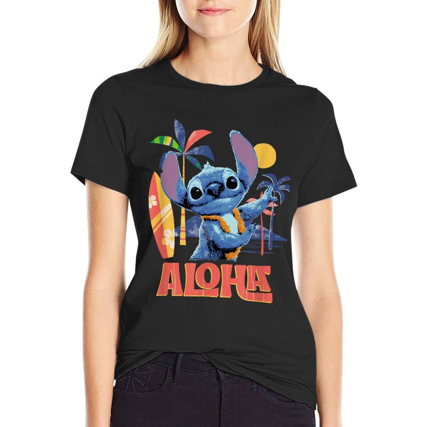 Disney Lilo & Stitch Aloha Hula Dance Distressed  Ribbed Collar T-Shirt