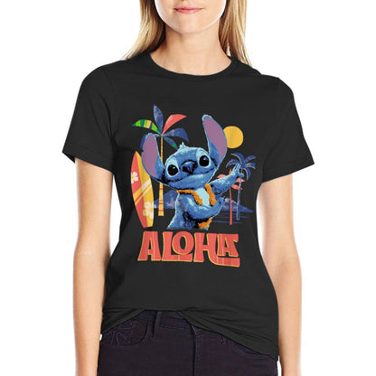 Disney Lilo & Stitch Aloha Hula Dance Distressed  Ribbed Collar T-Shirt