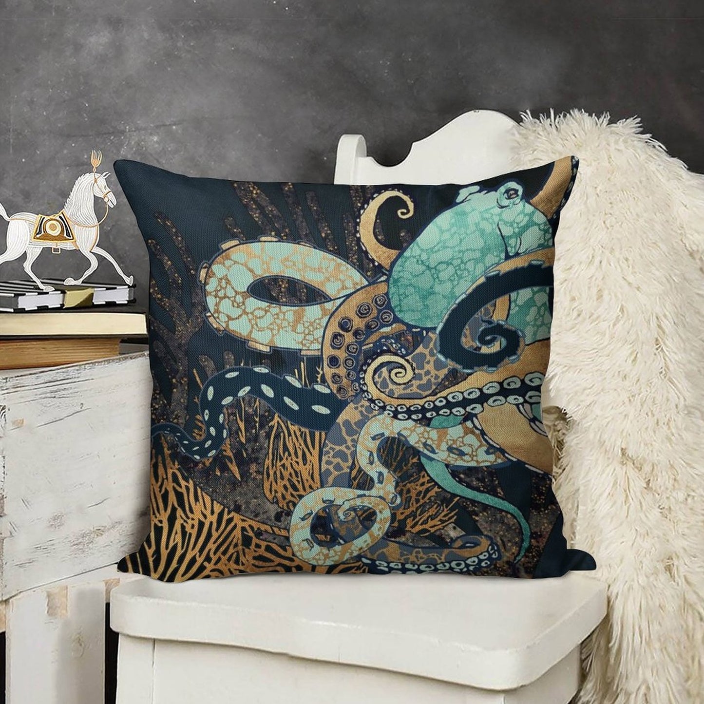 Metallic Octopus II Linen Throw Pillow Cover