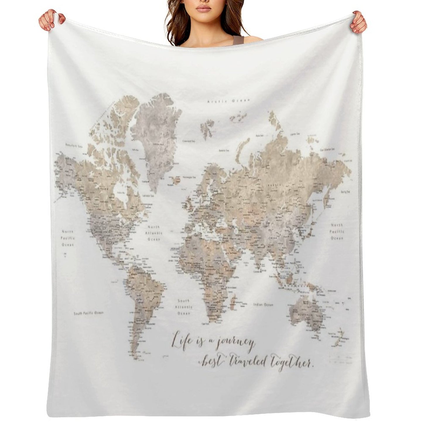 Life Is A Jouney Best Travelled Together, World Map, Abey Throw Blanket